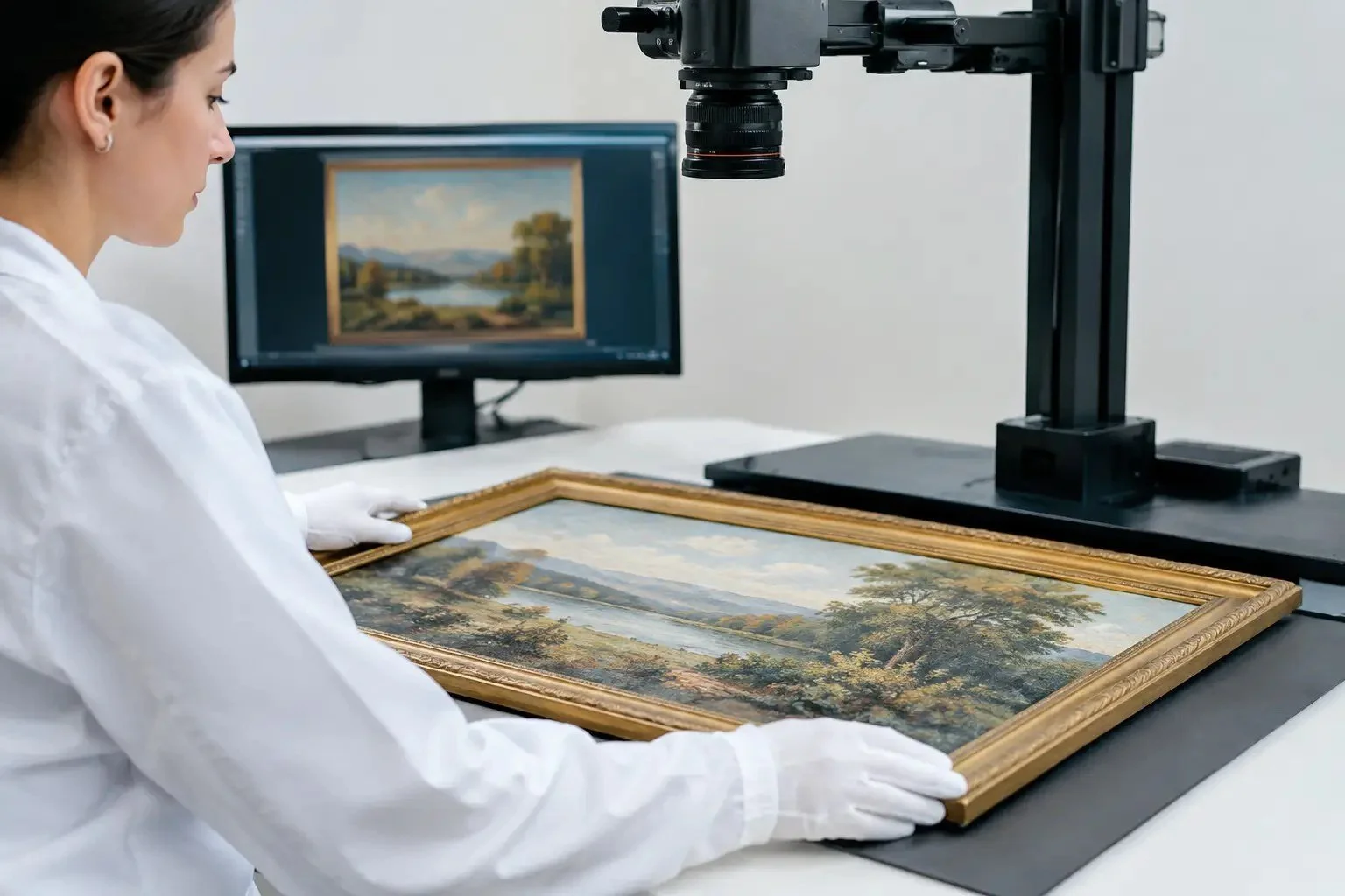 Technician in white gloves positioning a gold-framed landscape painting under a camera copy stand