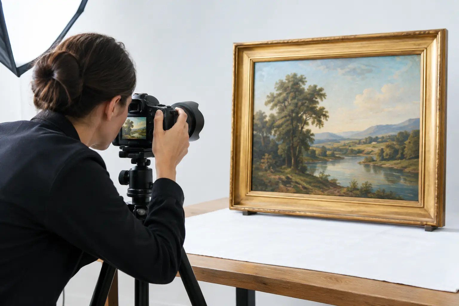 Photographer capturing a gold-framed landscape painting with a camera on a tripod in a studio