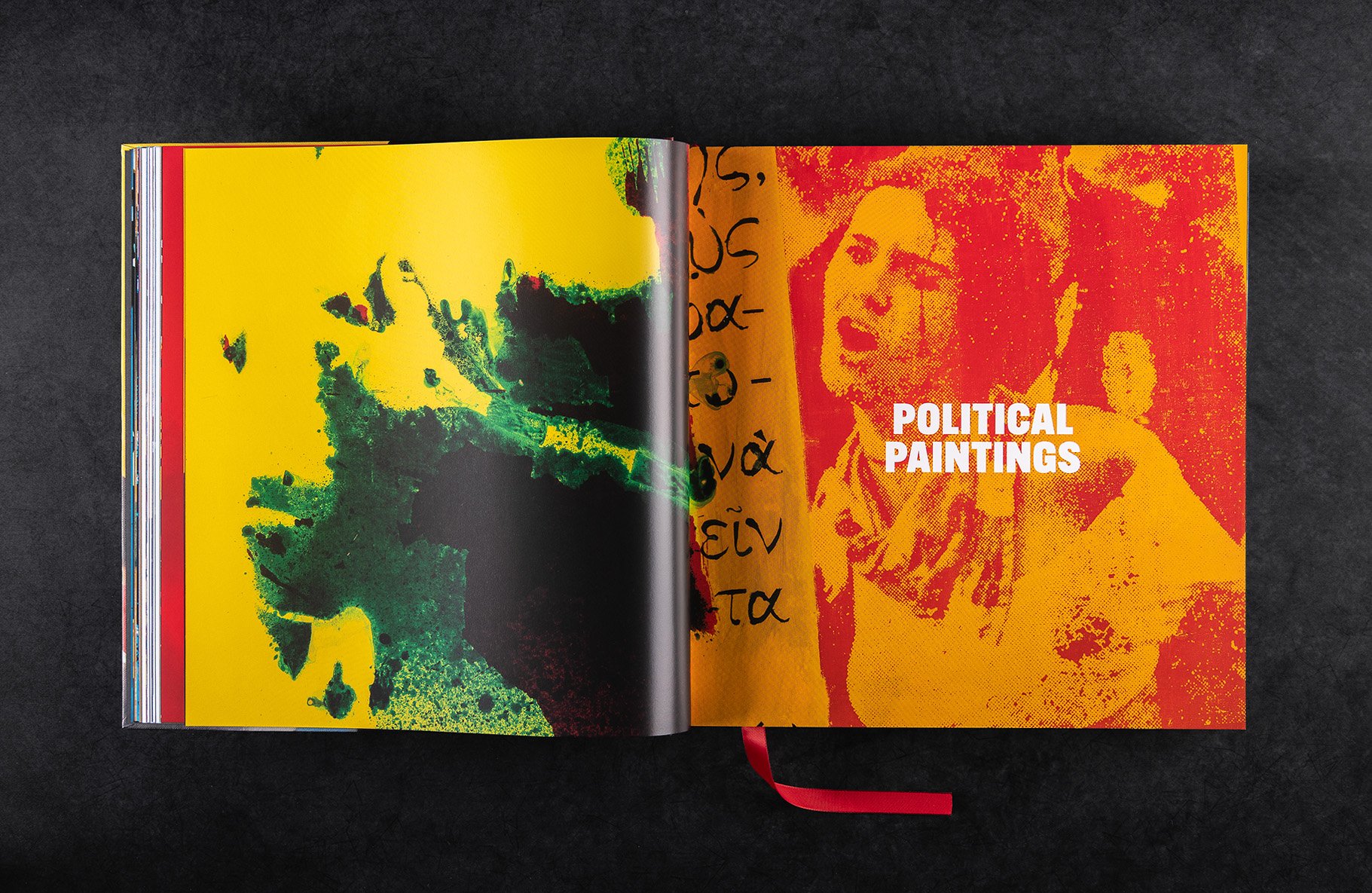 Double page spread, crop of bright yellow, green, orange and red painting.