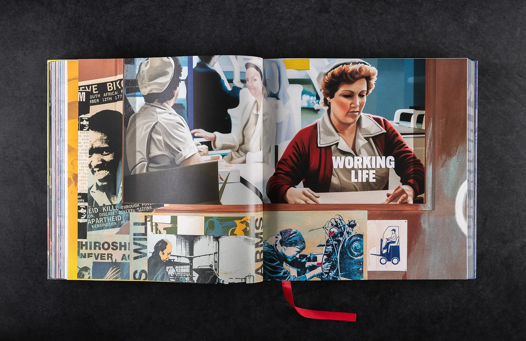 Double page spread covered in crop of Working Life painting.