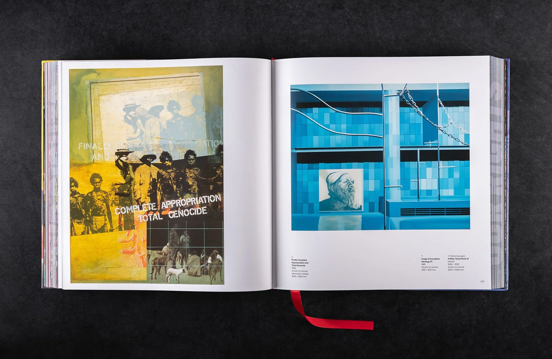 Double page spread, one painting per page with captions