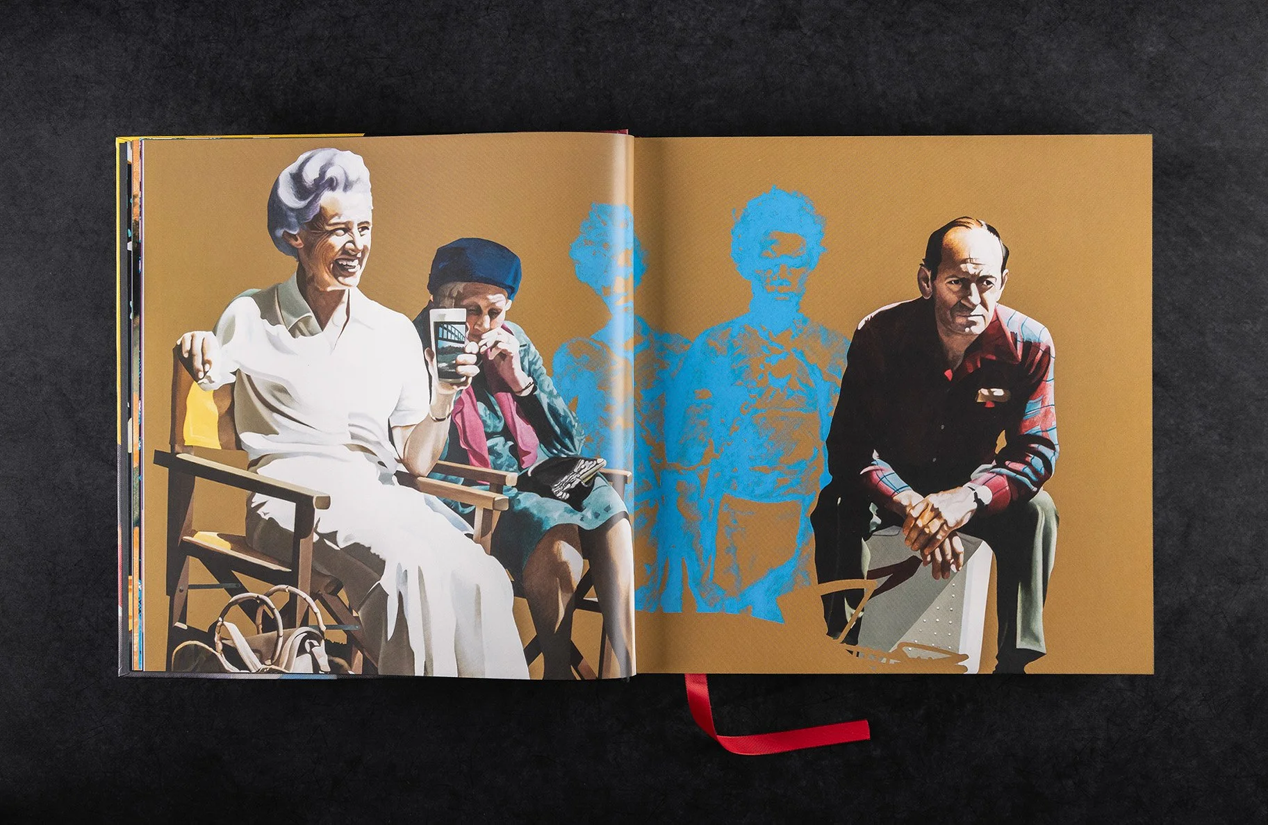 Double page spread. Crop of painting featuring elderly people sitting.