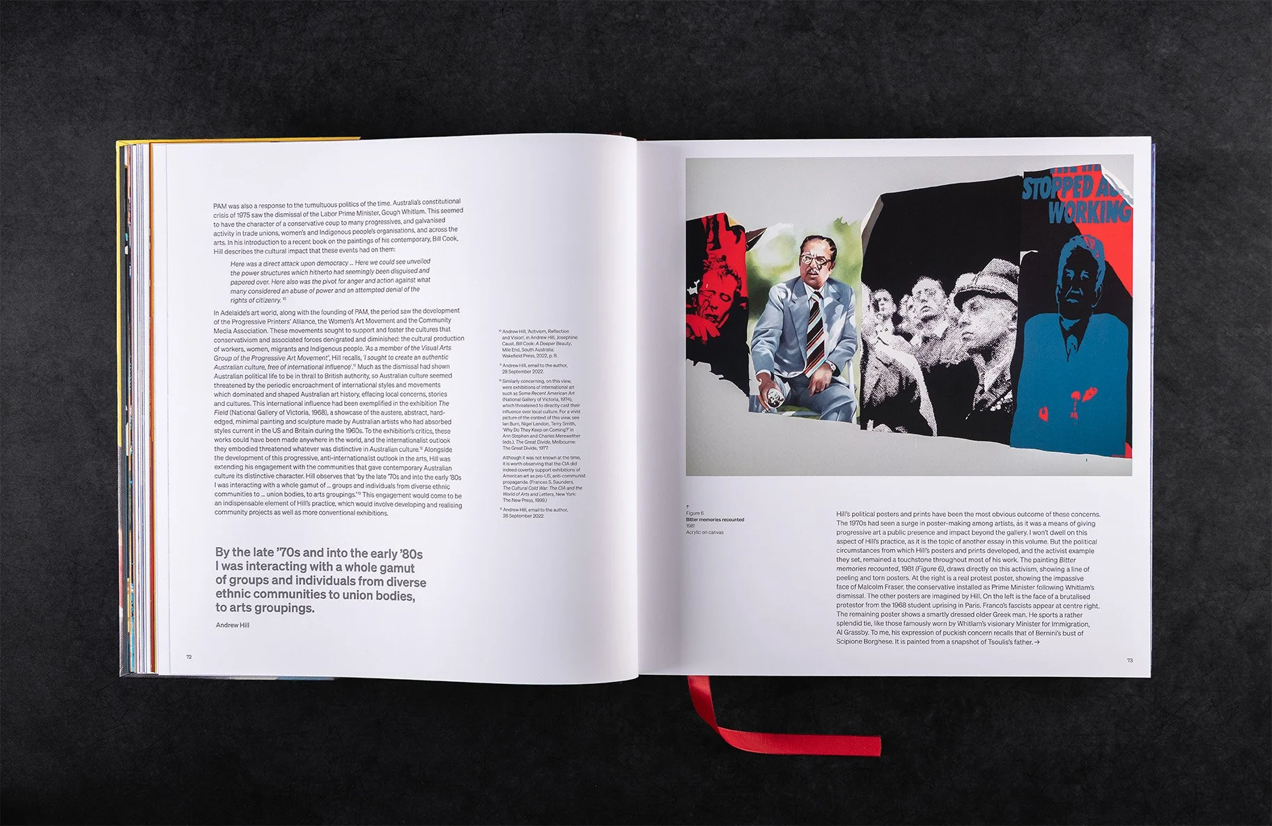 Double page spread with essay text, pull out quotes and a painting on the top right page.