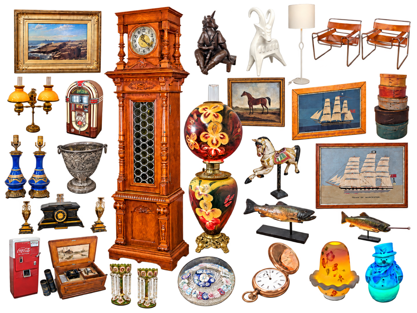 Collage of antique clocks, artwork, furniture, lighting, and estate collectibles.