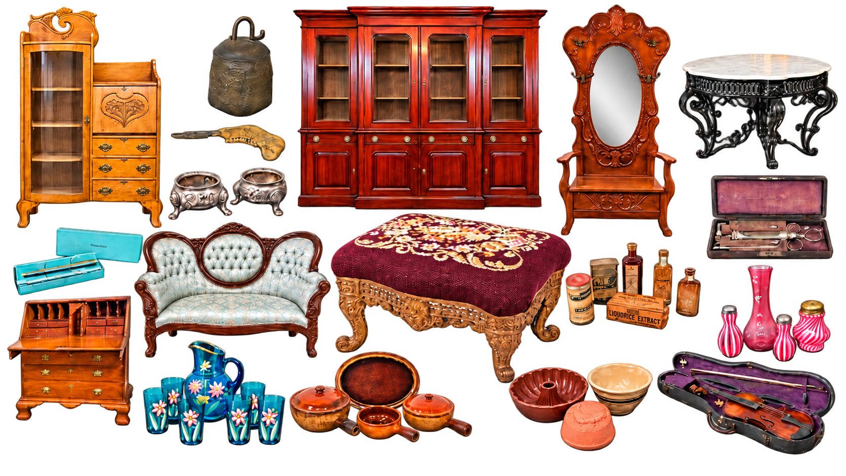 Collage of antique furniture, display cabinets, decorative objects, and estate collectibles.