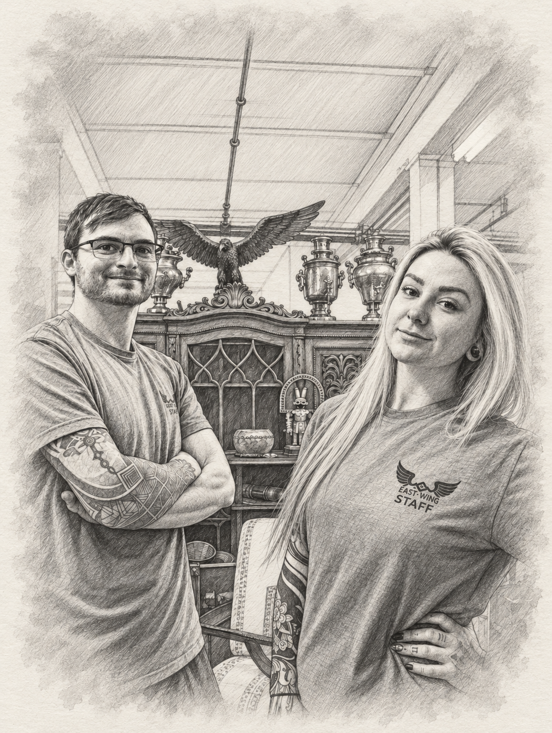 Black-and-white sketch of East-Wing owners Evan and Taylor inside the Oakville gallery.