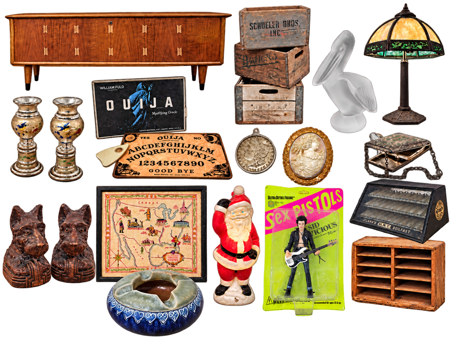 Collage of unusual estate finds including a stained-glass lamp, Ouija board, silver vases, medals, and decorative objects.