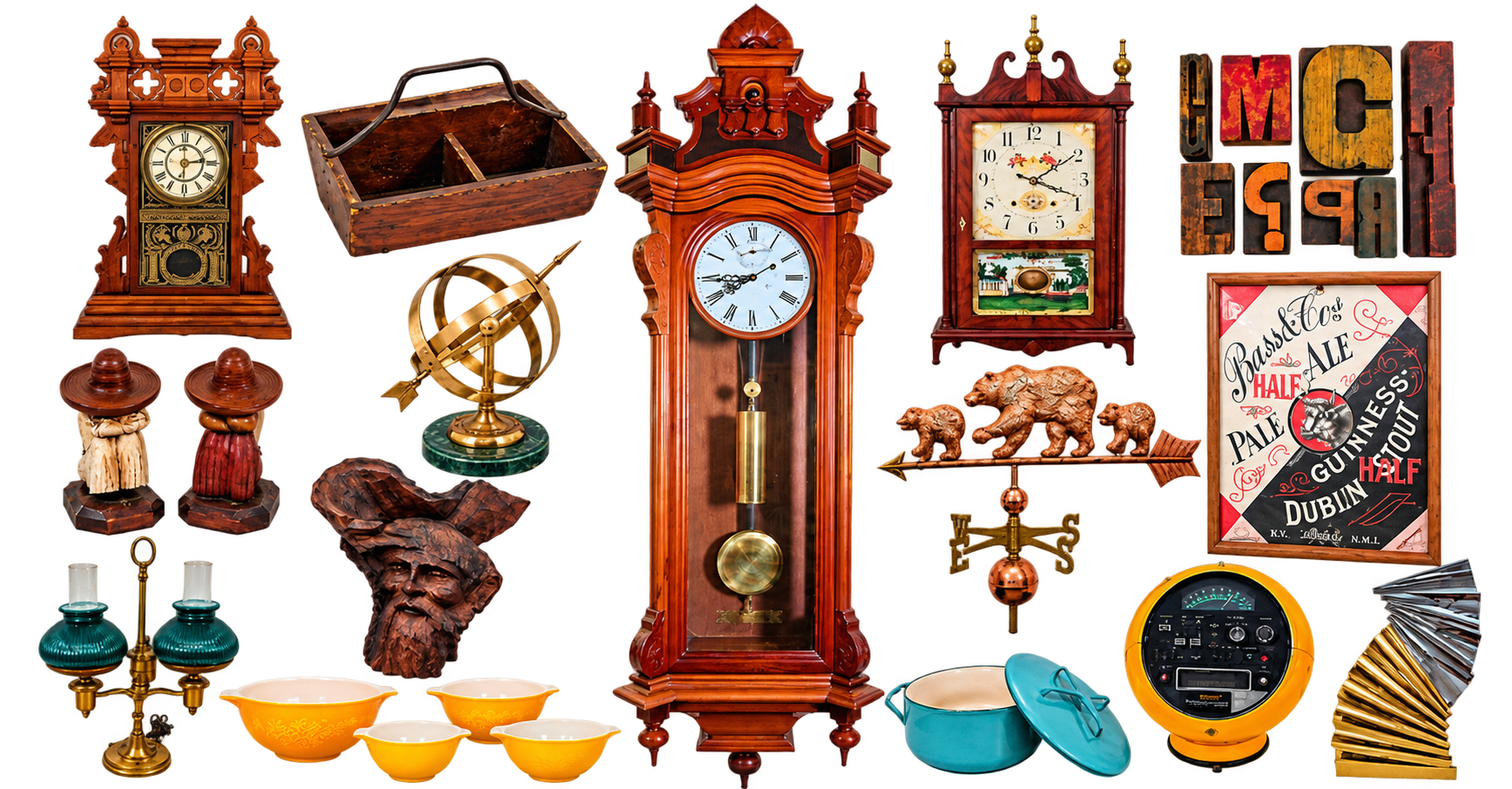 Collage of antique clocks, lamps, ceramics, artwork, and decorative estate items.