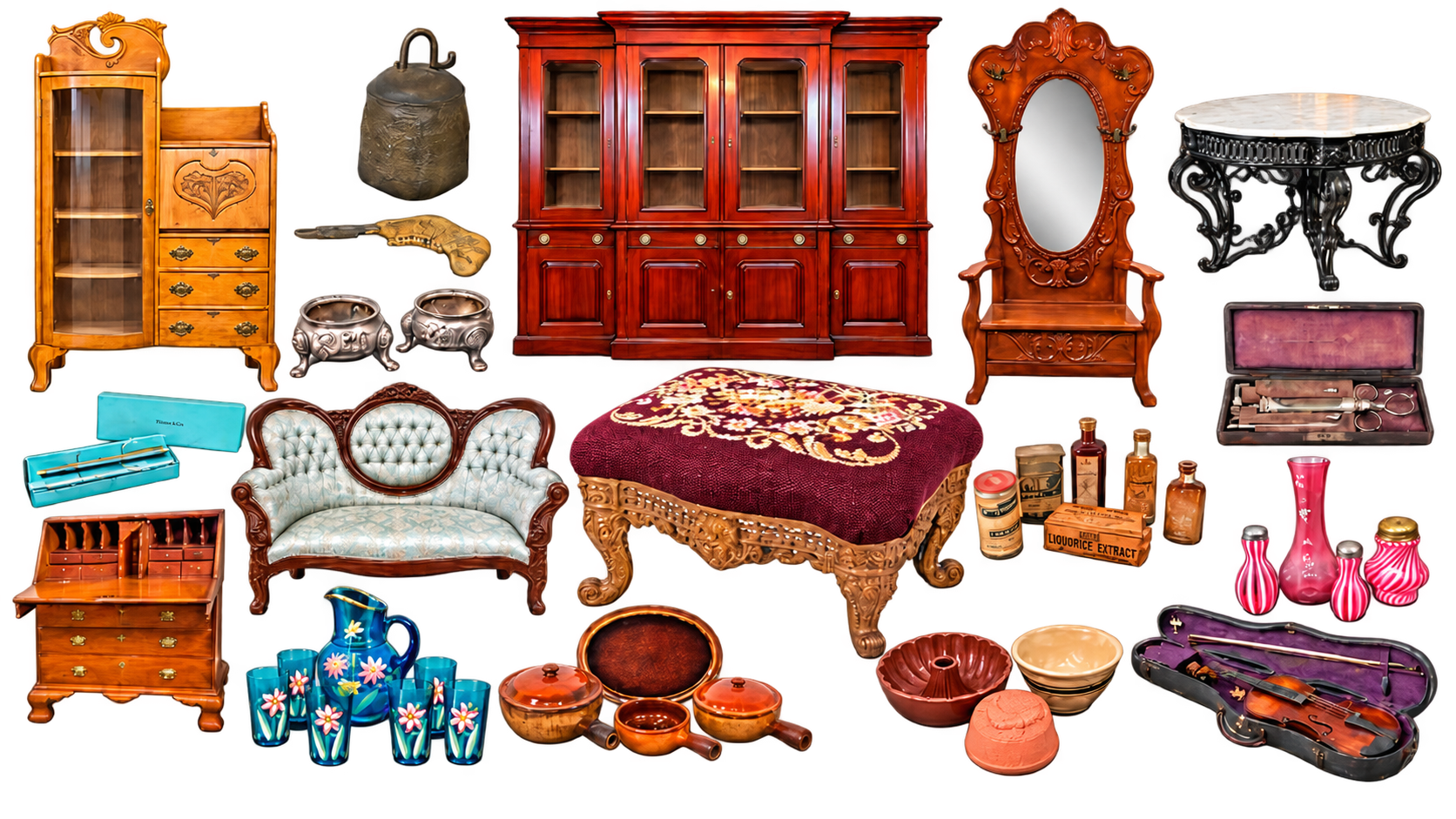 Collage of antique furniture, display cabinets, decorative objects, and estate collectibles.