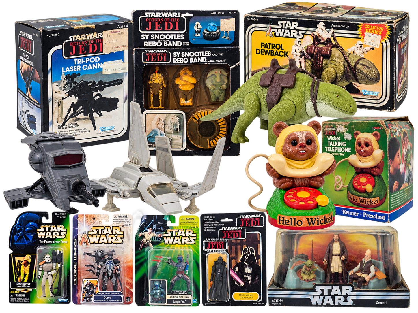 Collage of vintage Star Wars toys, action figures, vehicles, and boxed collectibles.