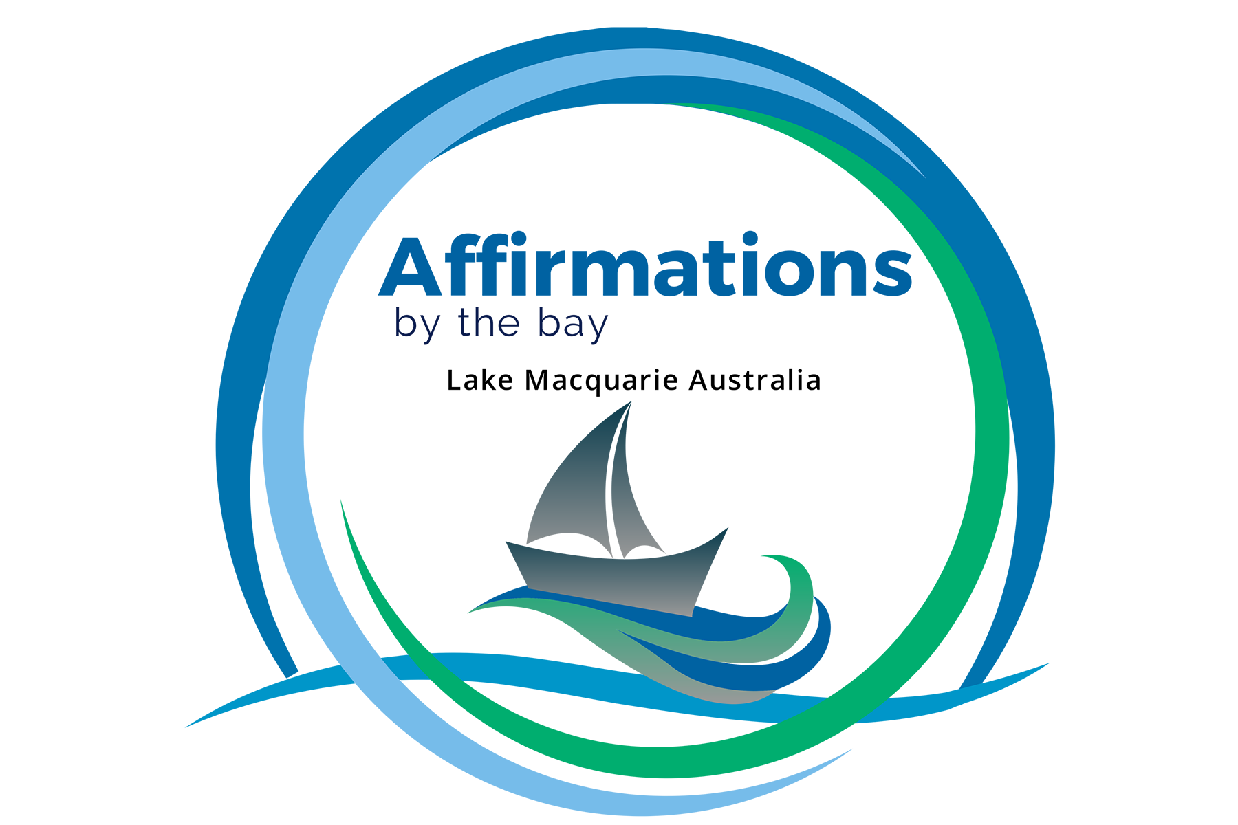 Logo for affirmations by the bay featuring a boat sailing on water with blue, green, and black waves around it.