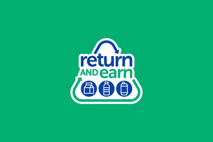 Graphic promoting a return and earn recycling program with icons of a milk carton, plastic bottle, and water bottle.