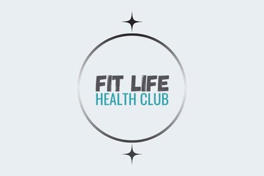 Logo for Fit Life Health Club featuring black and blue text inside a circular design with star accents