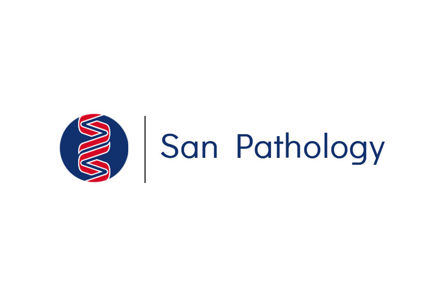 Logo with a DNA helix graphic and the text 'San Pathology'.
