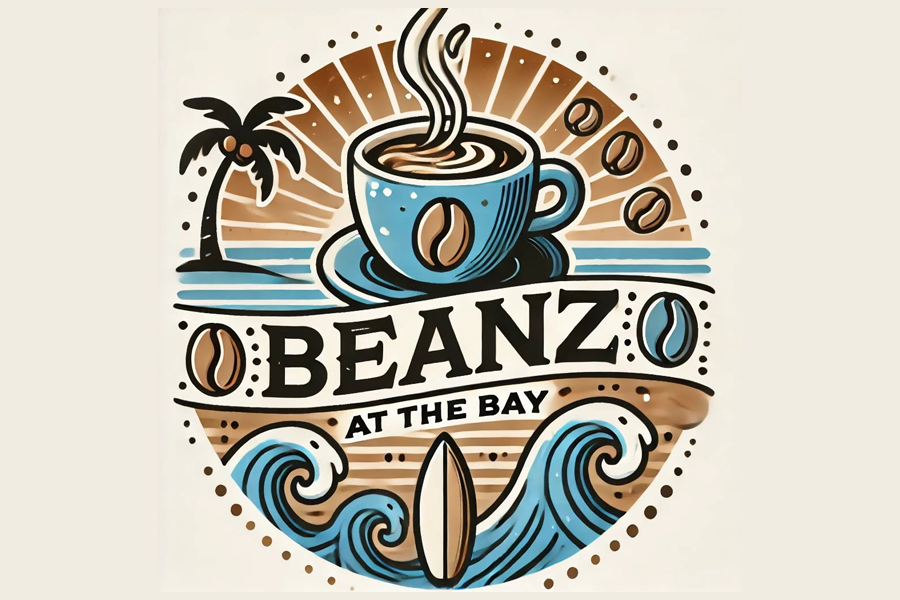 Logo for Beanz at the Bay featuring a coffee cup, waves, a palm tree, and a surfboard.