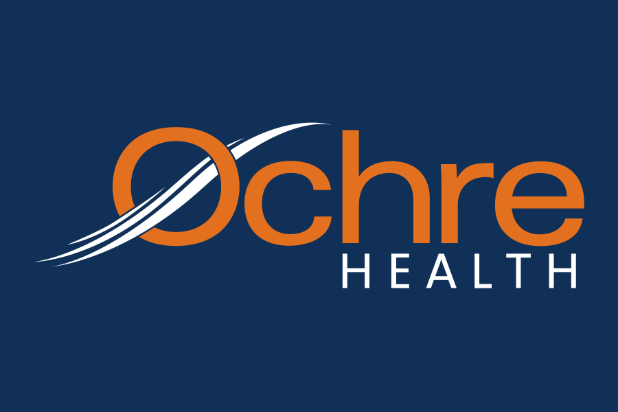 Ocre Health logo with stylized swoosh and orange text on a dark blue background.