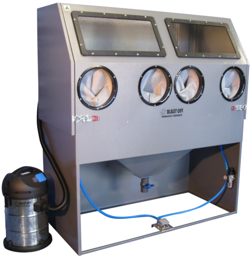 A blast cabinet with four viewing windows and gloves, used for abrasive sanding or cleaning parts.