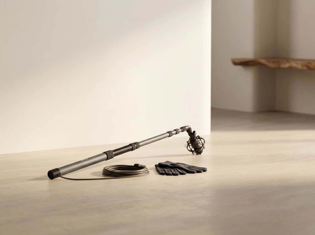 A microphone boom arm, a coiled cable, and a pair of gray gloves placed on a light-colored wooden floor near a white wall.