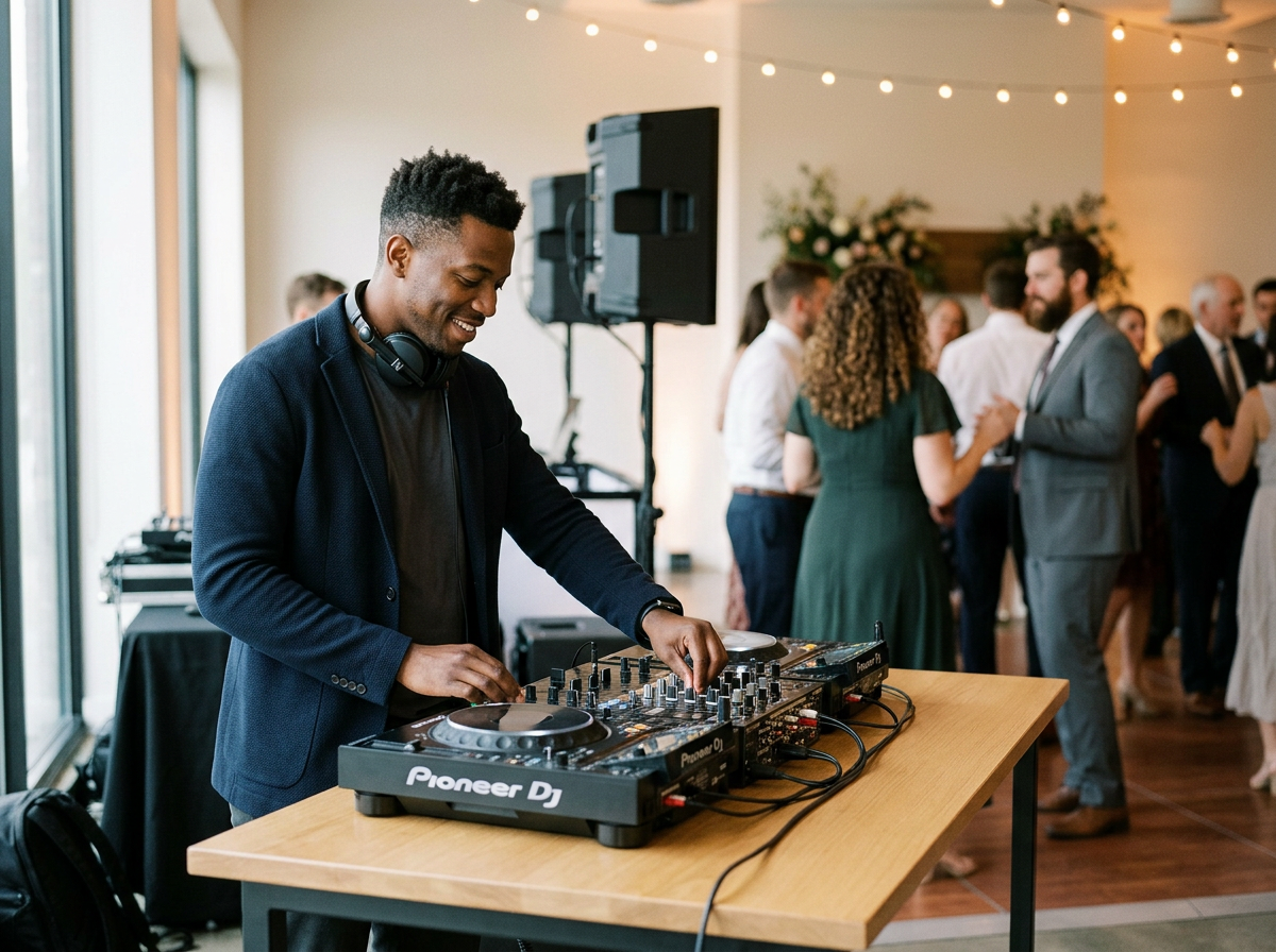 A man in a dark blazer and t-shirt is DJing at a wedding reception or party, with guests dancing in the background. The DJ is smiling and using a Pioneer DJ controller, with a large speaker and string lights overhead.