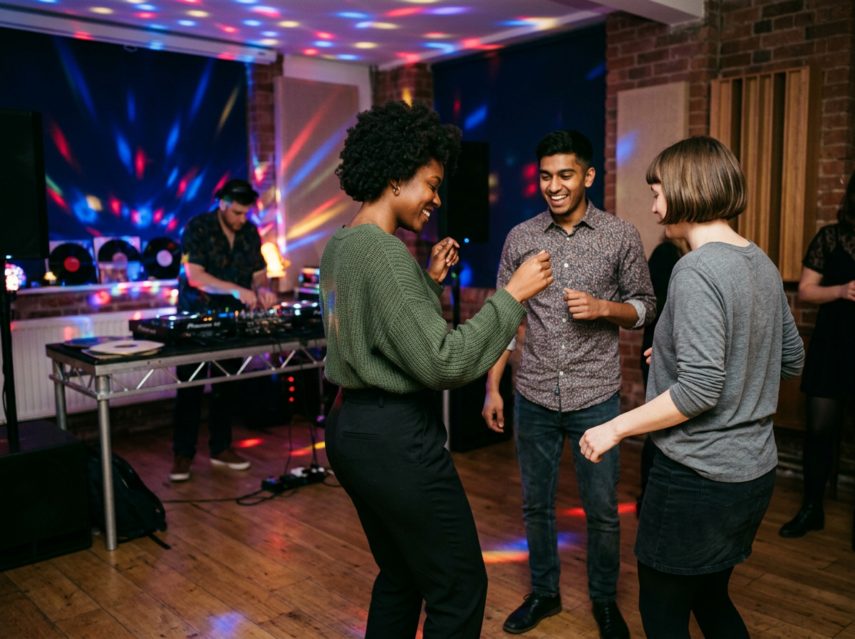 Three young adults dancing and enjoying music at a party, with a DJ in the background playing tunes on a DJ console, colorful lights illuminating the room.