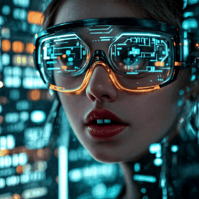 A person wearing futuristic glasses with digital interfaces reflected in them, set against a high-tech city background with glowing lights.
