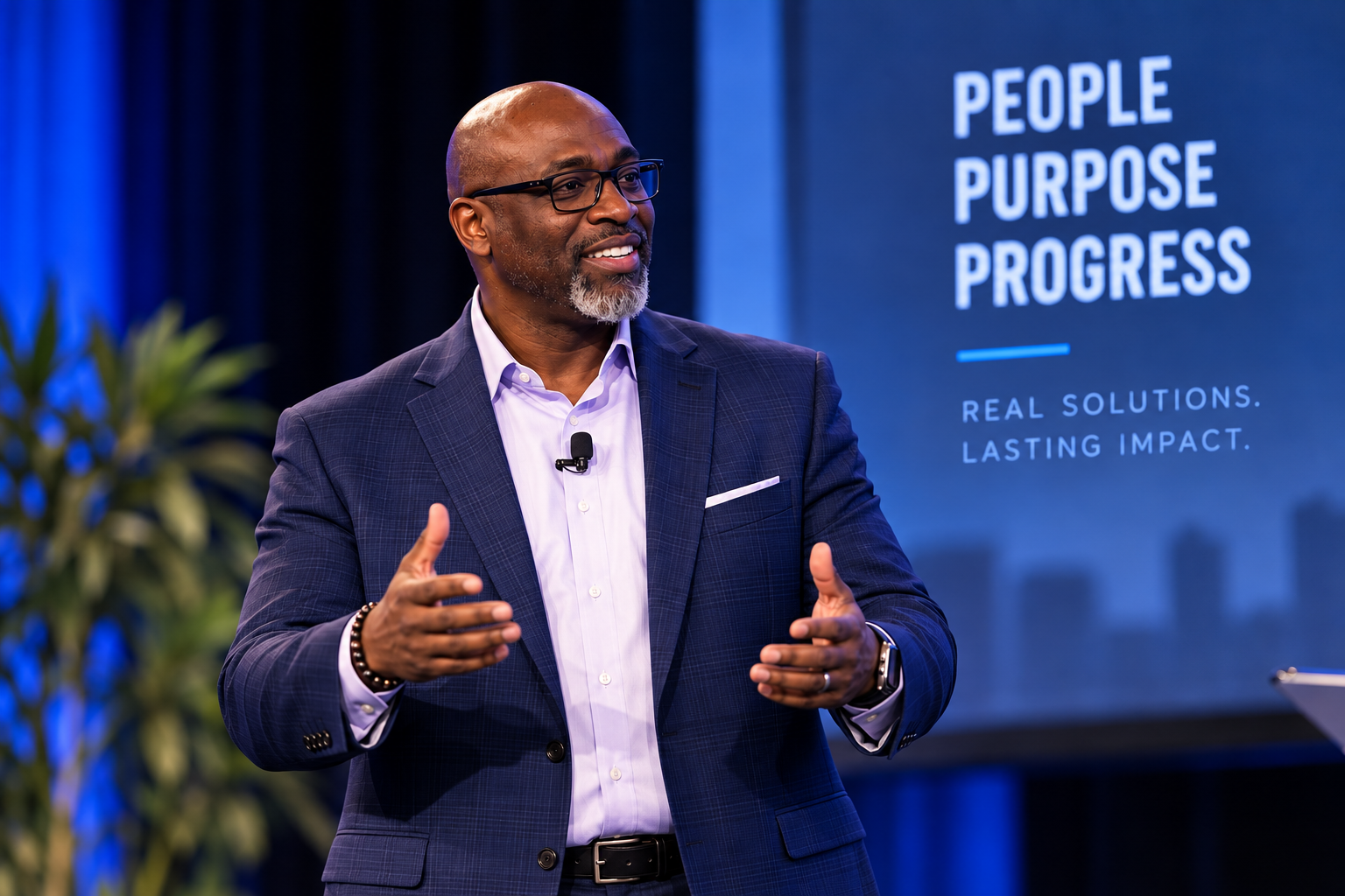 A man in a blue suit and glasses giving a presentation in front of a screen that says "People Purpose Progress" and "Real Solutions. Lasting Impact".