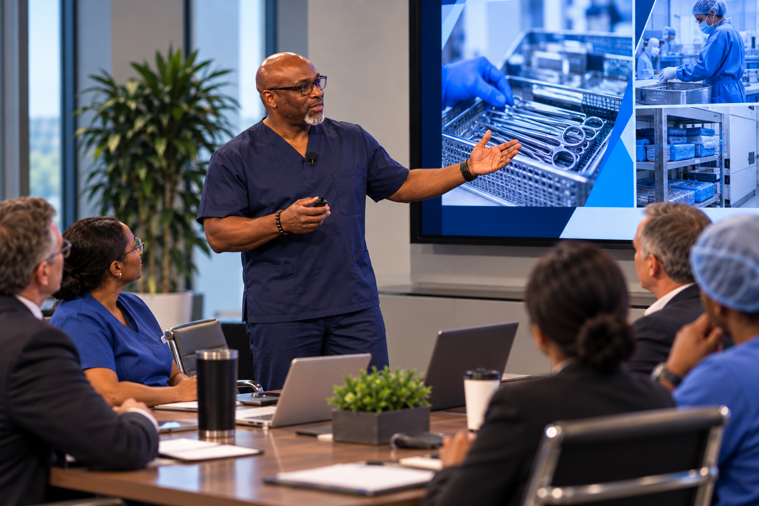 A healthcare professional giving a presentation to a group of people in a conference room, with medical equipment and personnel shown on a large screen behind him.