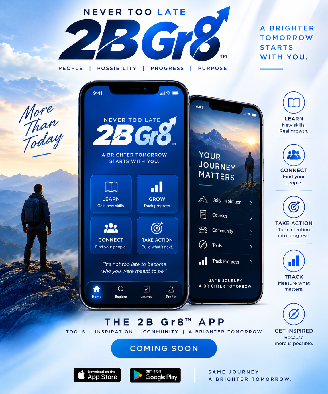A promotional poster for the 2B Gr8 app featuring two smartphones with app interfaces, an hiker on a mountain, and text emphasizing growth, connection, action, progress, and inspiration.