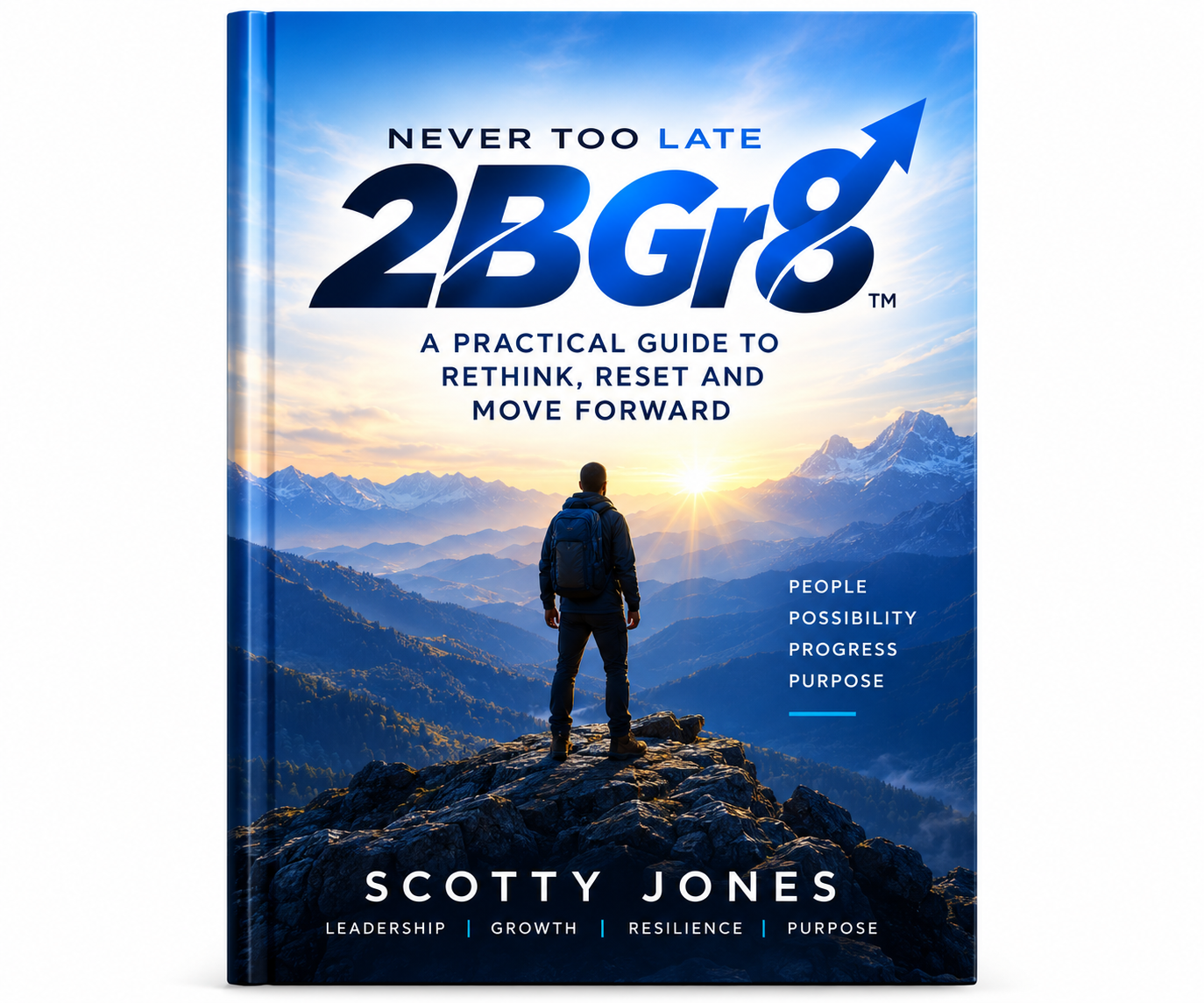 Book cover titled "Never Too Late 23G8" with a subtitle "A practical guide to rethink, reset, and move forward". The cover features a person with a backpack standing on a mountain peak, looking at a sunrise over a range of mountains. Words at the bottom include "Leadership, Growth, Resilience, Purpose". Author name is Scotty Jones.