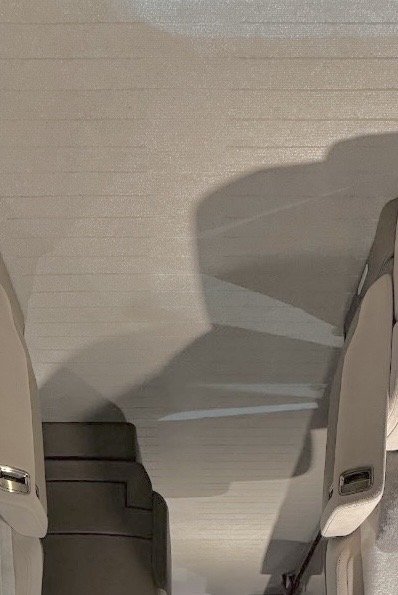 View of airplane seats' shadows cast on a light-colored ceiling from overhead lighting.