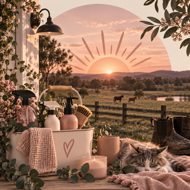 Sunset over a rural landscape with horses, seen from a cozy outdoor scene with plants, candles, grooming supplies, and a sleeping cat.