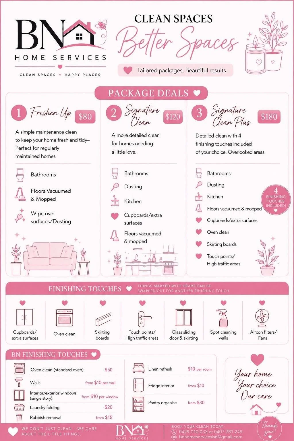 A cleaning services flyer with pink and white theme, featuring packages for home cleaning, detailing various services and prices, with illustrations of a house, candles, plants, and cleaning tools.