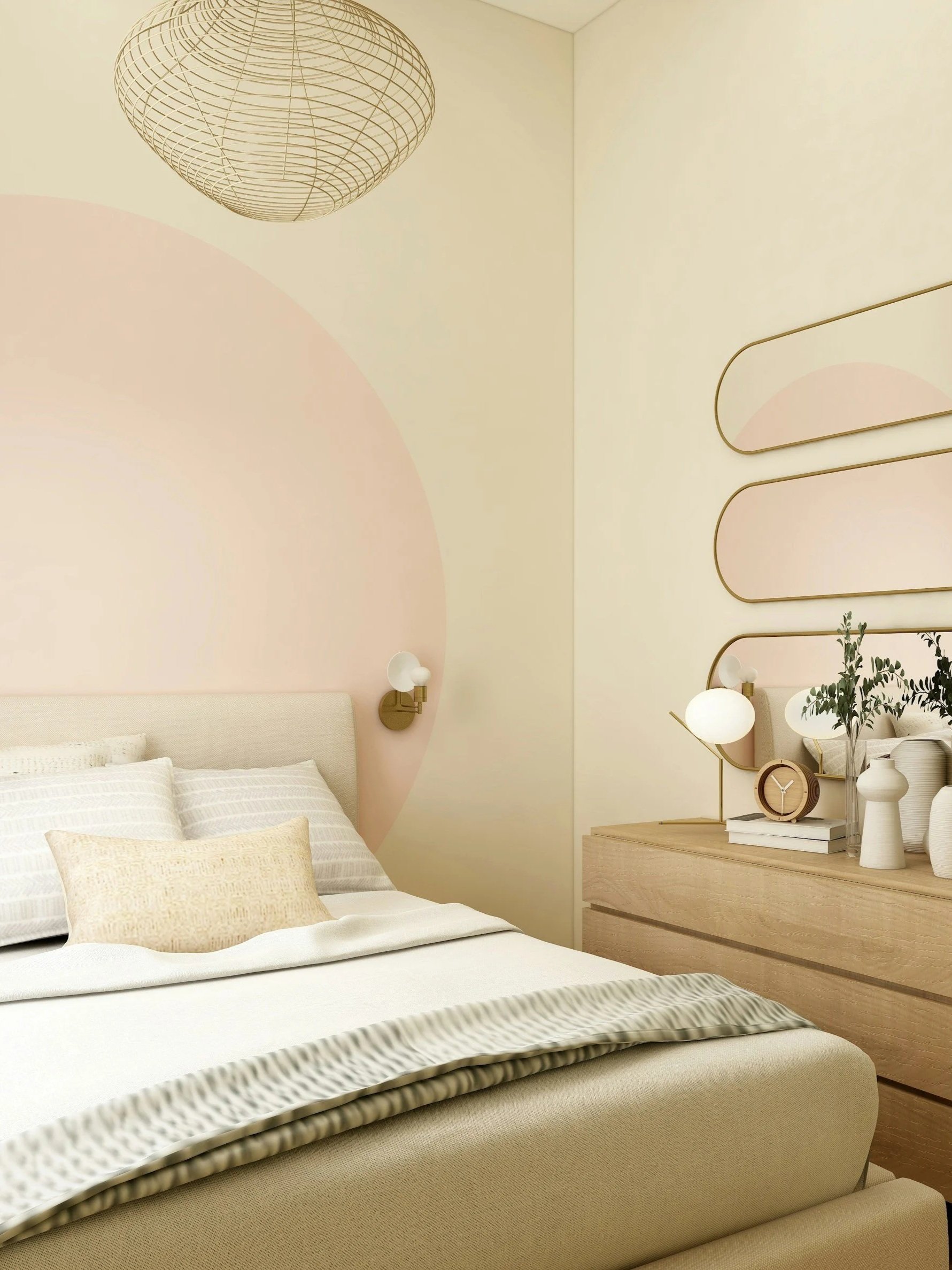A bedroom with a minimalist decor featuring a bed with beige and striped bedding, a wooden dresser with decorative vases and a plant, a modern wall-mounted lamp, and an art piece with rounded shapes on the wall. A pendant light hangs from the ceiling.