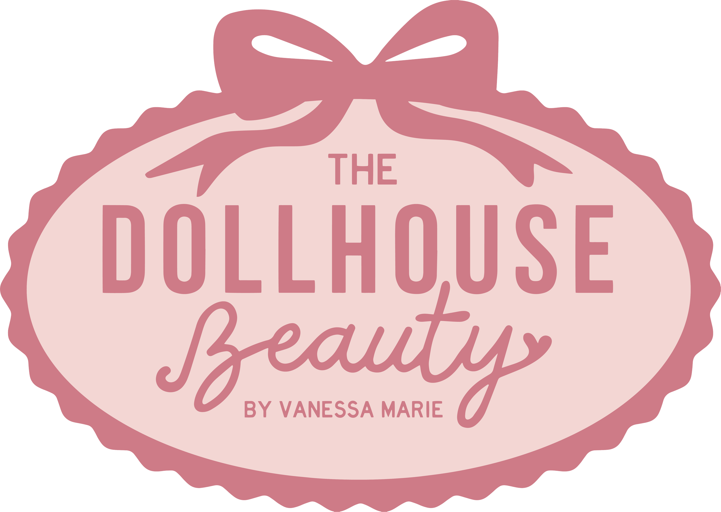 Pink logo with a bow on top and the text 'The Dollhouse Boutique by Vanessa Marie' inside a pink oval shape.