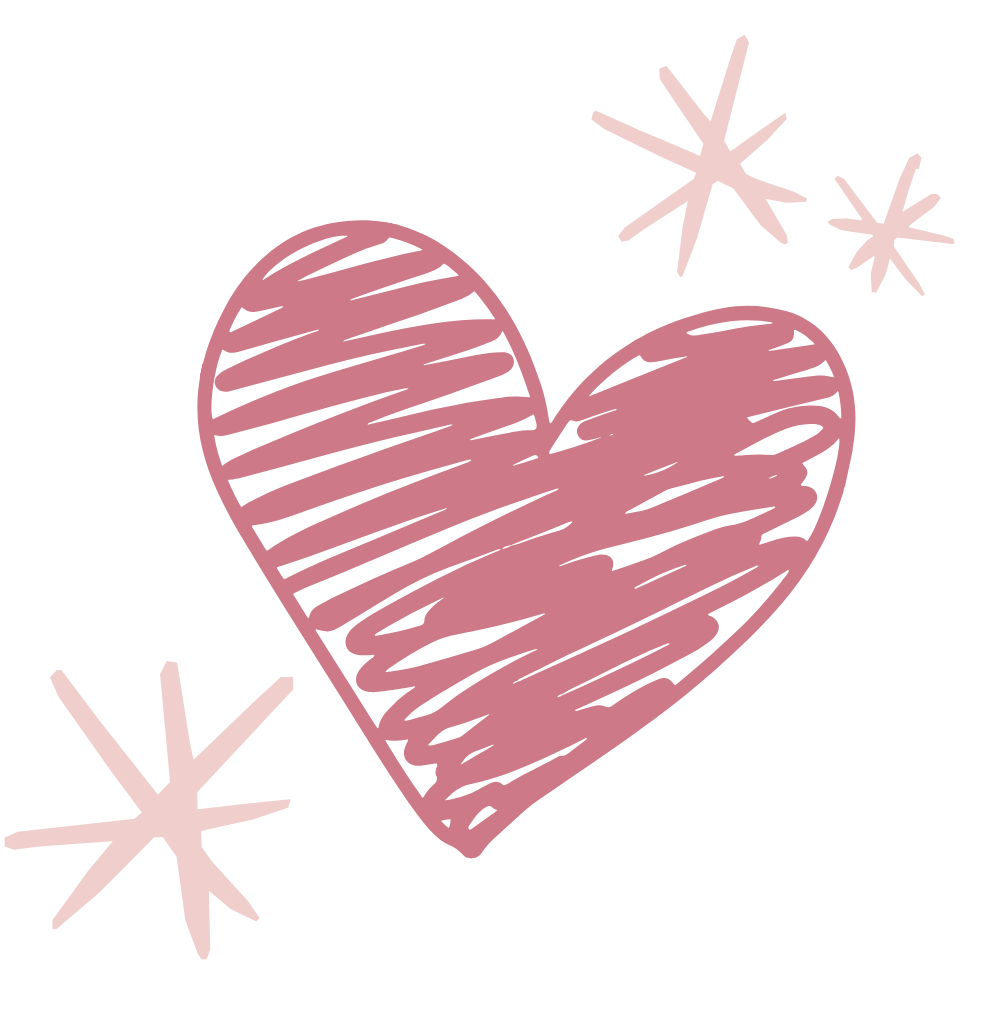 Pink sketch-style heart with three star-like sparkles around it on a transparent background.