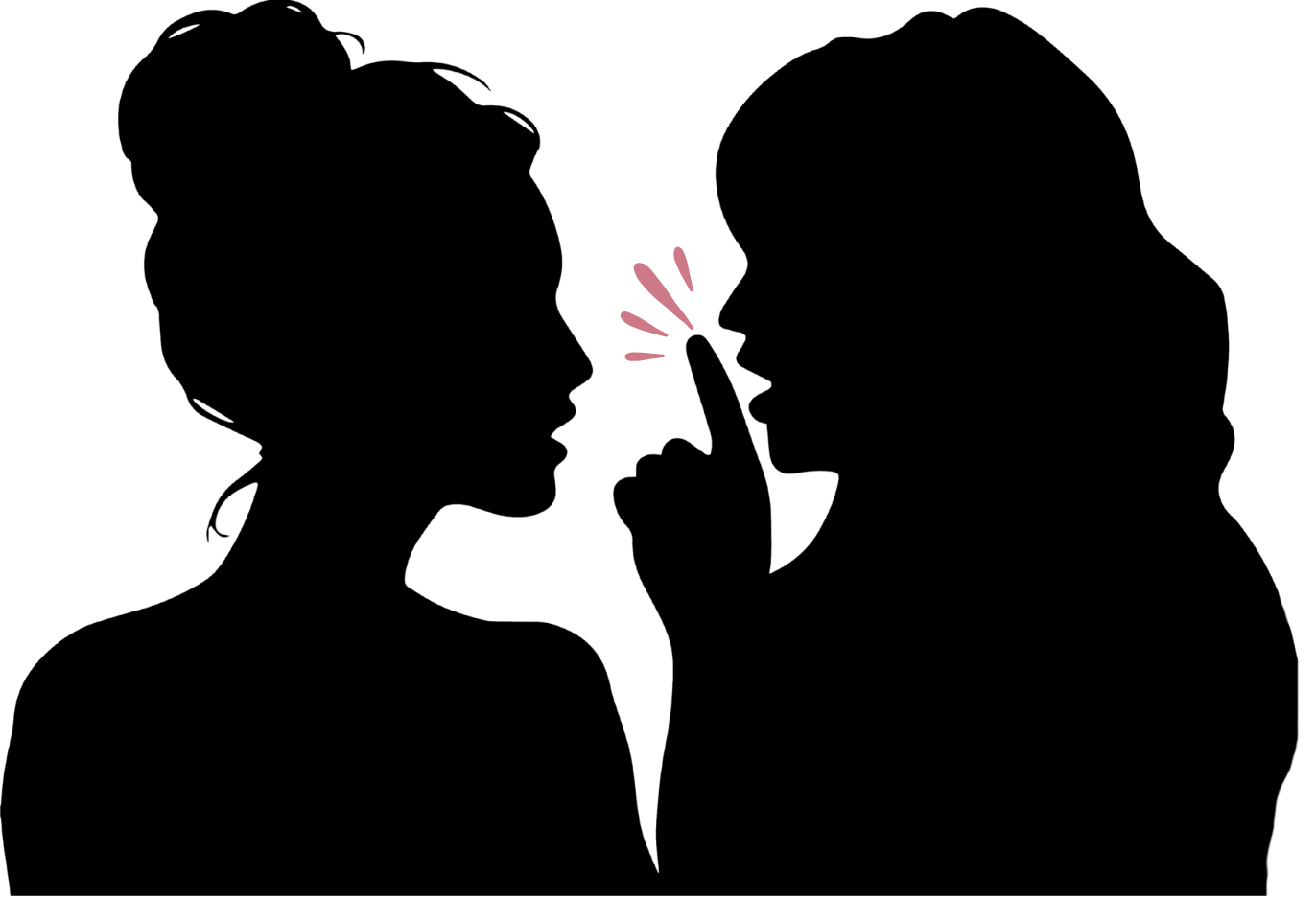 Two silhouettes of women facing each other, one with finger raised to lips signaling silence, with pink accent marks.