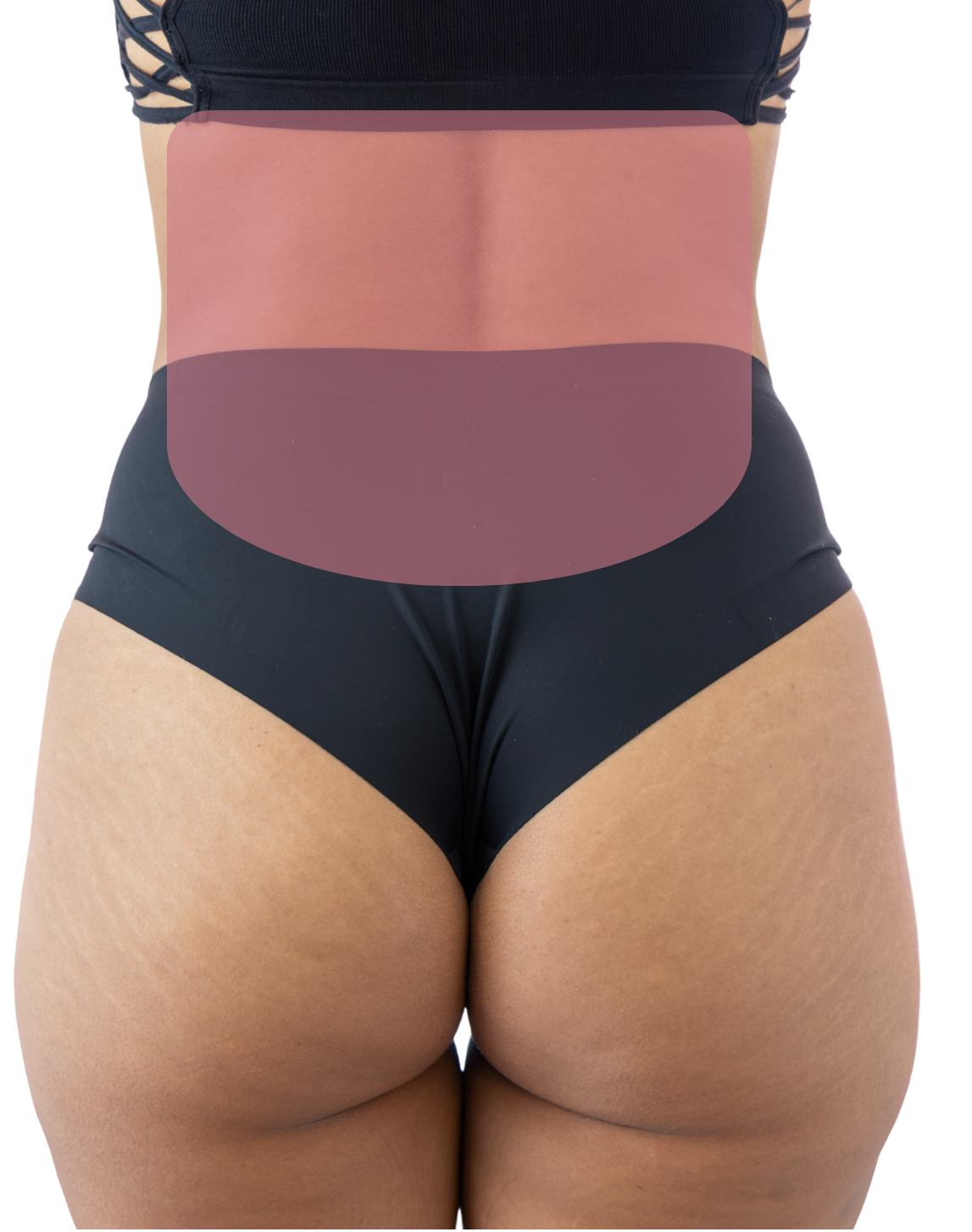 Close-up of woman's lower back and buttocks showing a diagram of the hair removal section for "Lower Back Half" wax.