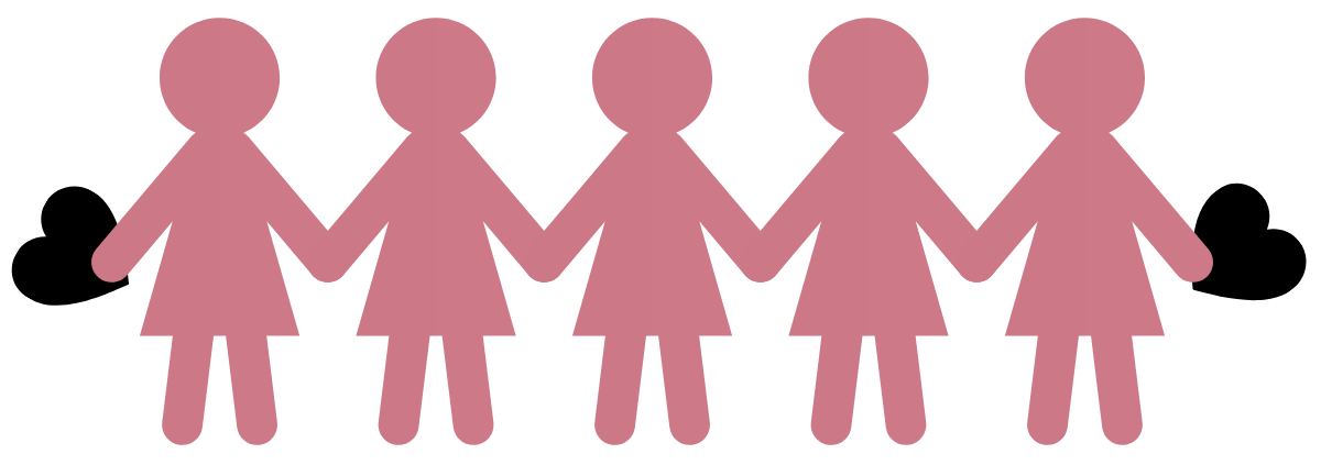 A paper chain of five, pink female icons holding hands in a row.