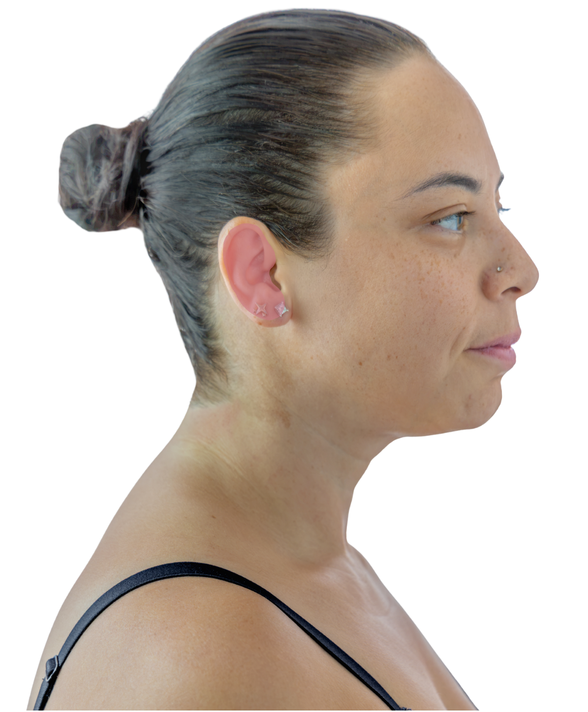 Side profile of a woman  showing a diagram of the hair removal section for "Ears" wax.
