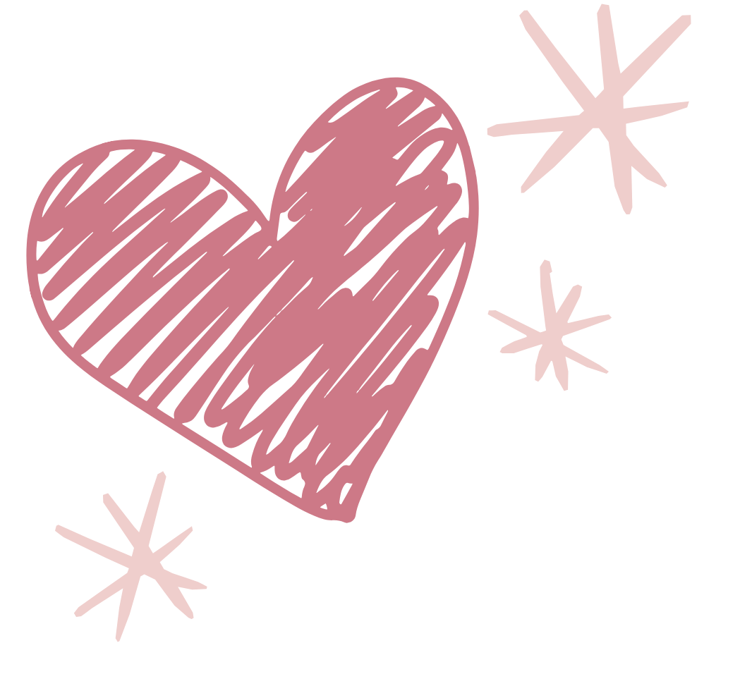 Pink sketch-style heart with three star-like sparkles around it on a transparent background.