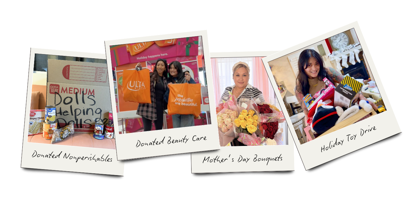 Four photos showing donations and gifts. The first photo features canned goods and toiletries labeled as 'Donated Nonperishables.' The second photo shows two women holding orange shopping bags labeled 'ULTA' labeled 'Donated Beauty Care.' The third photo depicts a woman with a bouquet of flowers, labeled 'Mother's Day Bouquets.' The fourth photo displays a girl with toys, labeled 'Holiday Toy Drive.'