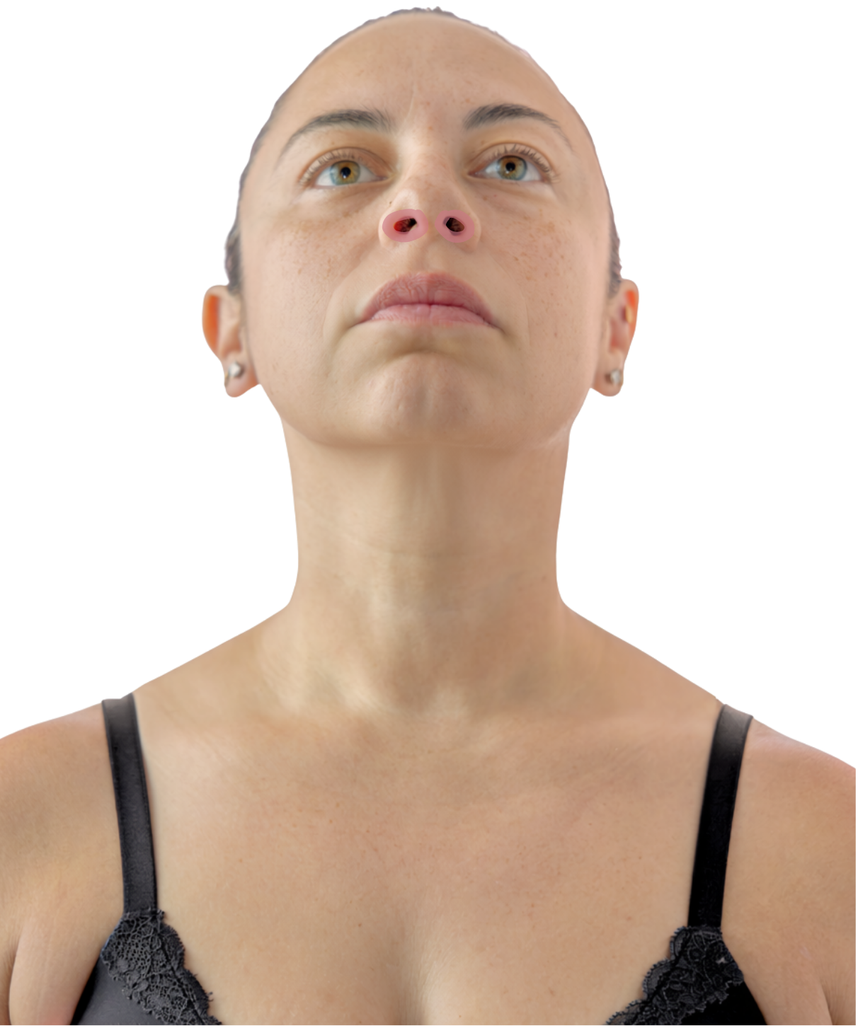 Close-up of a woman with her head tilted up slightly showing a diagram of the hair removal section for "Nose" wax.