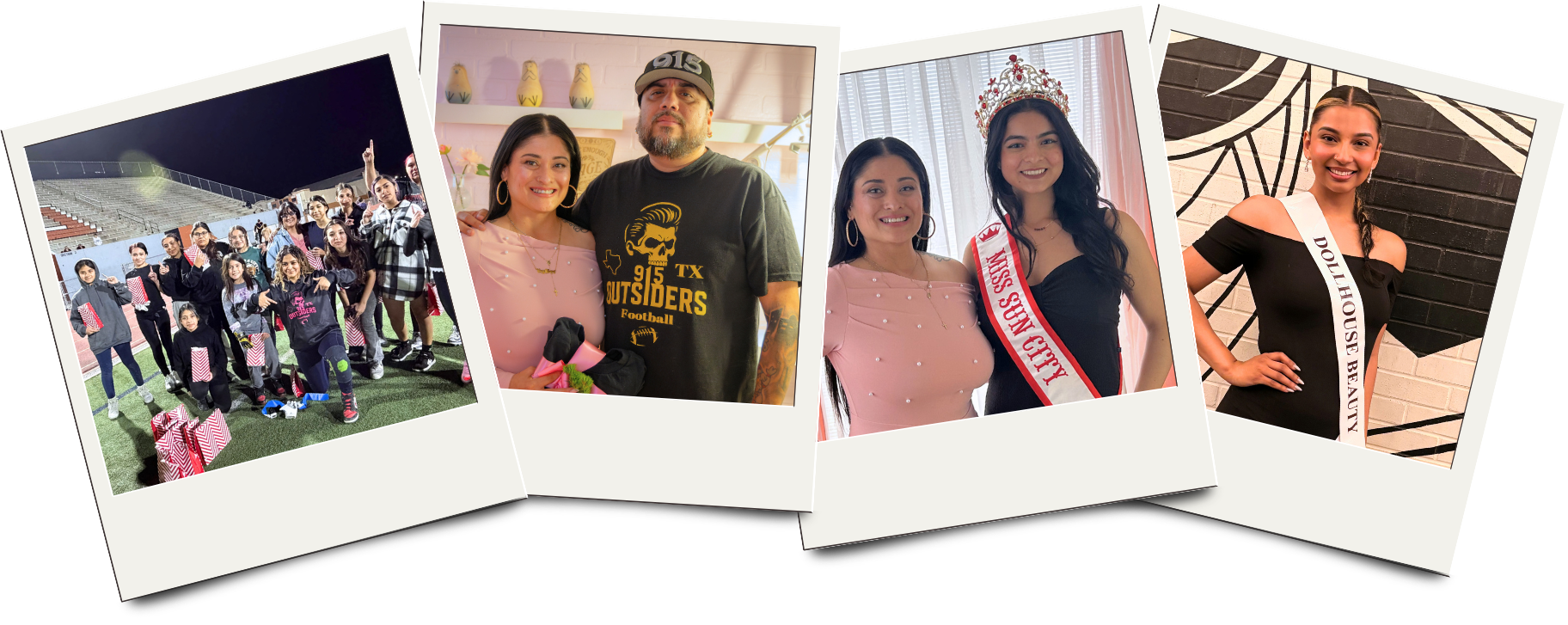 A collage of four photos with women celebrating and participating in pageants and events. The first shows a group of young girls and women on a sports field at night holding striped gift bags. The second features a woman standing with a man on a stage, both smiling, with the woman holding flowers. The third displays a woman wearing a sash labeled 'Miss City' with another woman in a crown and sash behind her. The fourth shows a woman in a black dress with a sash that reads 'Dollhouse Beauty' standing against a brick wall.