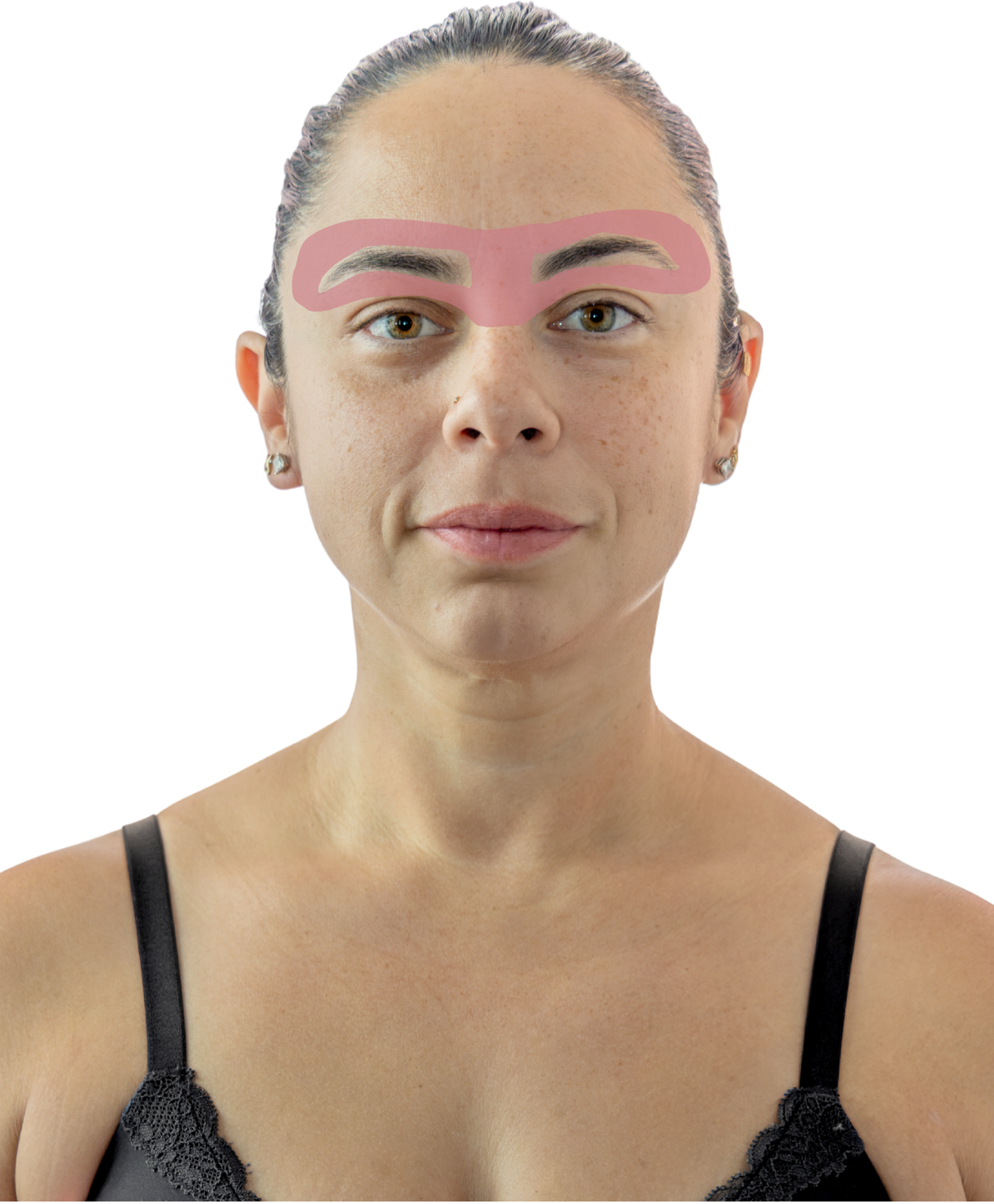 A woman facing forward, showing a diagram of the hair removal section for "Eyebrows" wax.