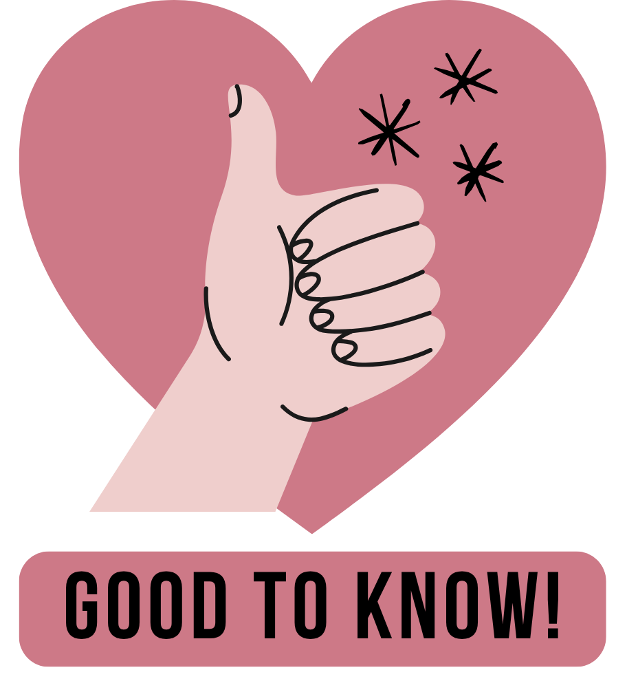 A hand giving a thumbs up inside a pink heart with three star-like sparkles around the thumb. The text below says "Good to Know!" in bold black letters on a pink background.