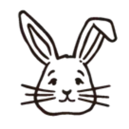 Line drawing of a cartoon bunny's face with large ears, closed eyes, and whiskers.