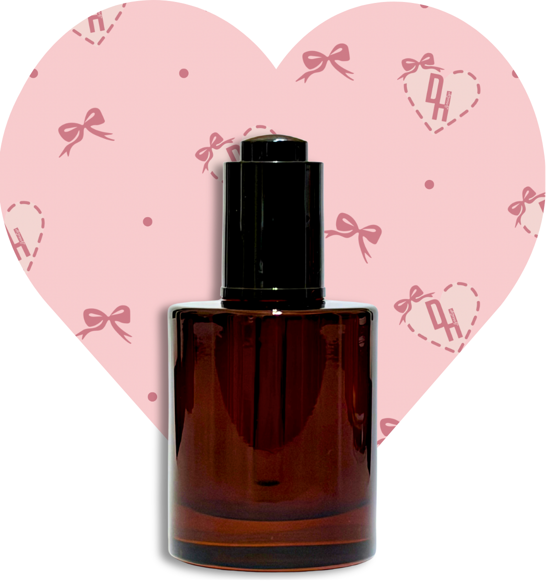A brown glass perfume bottle with a black cap in front of a pink heart-shaped background decorated with bows, dots, and hearts.