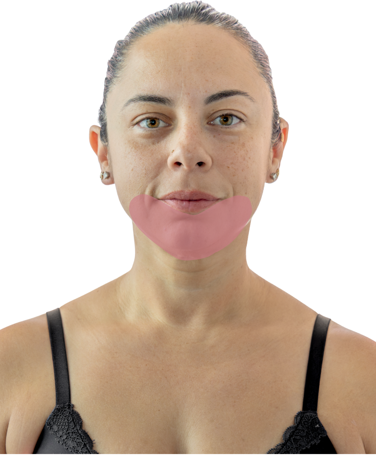 A woman facing forward, showing a diagram of the hair removal section for "Chin" wax.