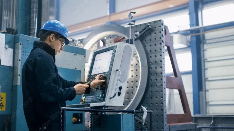 An industrial worker in a blue safety helmet and glasses operating a control panel in a factory.