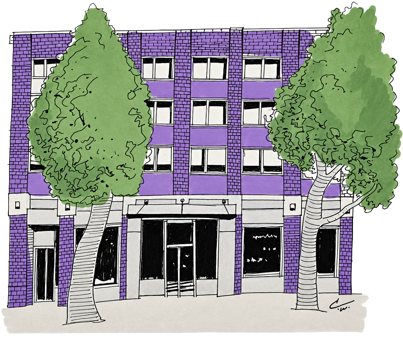 Illustration of a purple building with multiple floors, surrounded by two large trees with green foliage in front.